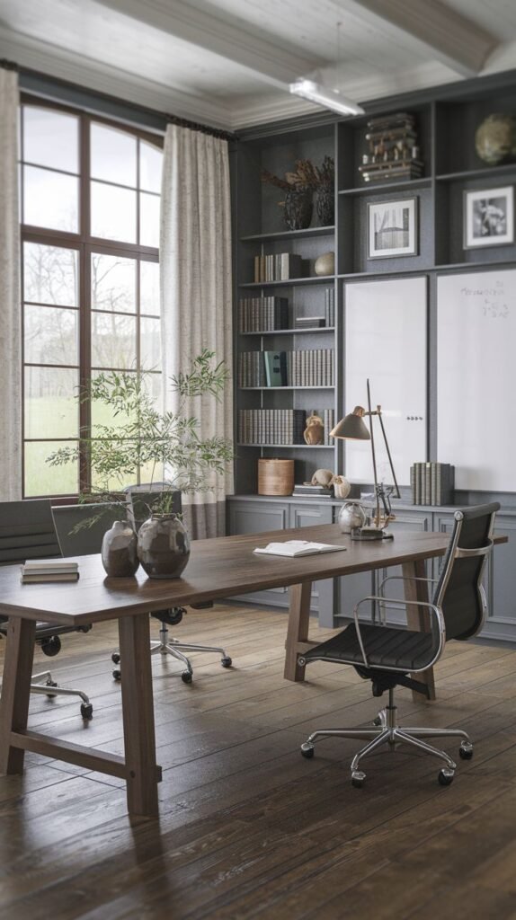 Collaborative Modern Farmhouse Office space with a large, dark wood communal table and black leather chairs, set against dark blue-gray built-in shelves featuring whiteboards.