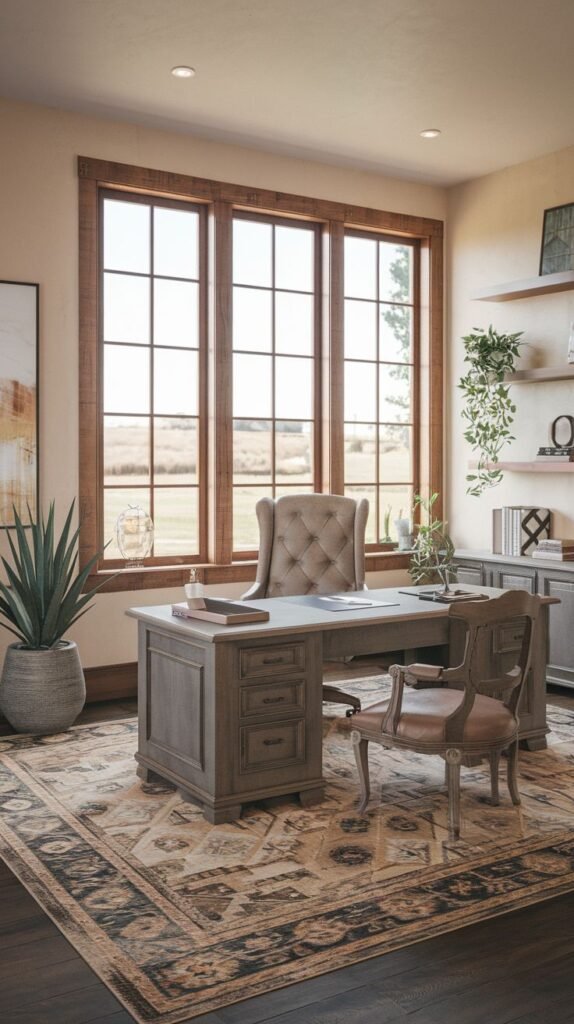 Modern Farmhouse Office featuring a gray-stained executive desk, a tufted upholstered chair, and a patterned rug set before large, multi-paned windows framed in dark wood.