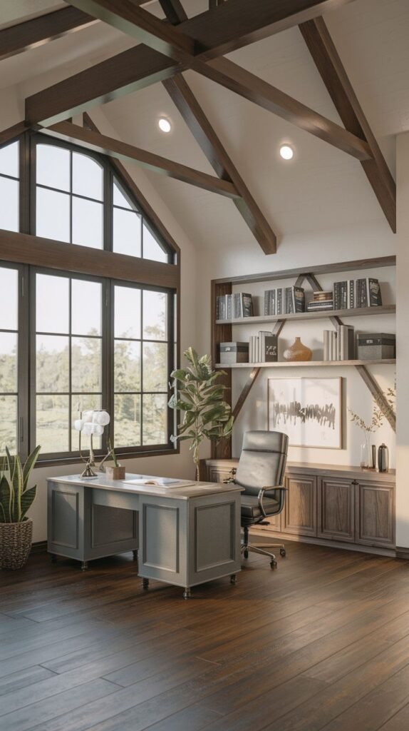 Modern Farmhouse Office showcasing a high vaulted ceiling with dark exposed truss beams and a massive, peaked window; the room contains a sleek gray desk and a dark credenza.
