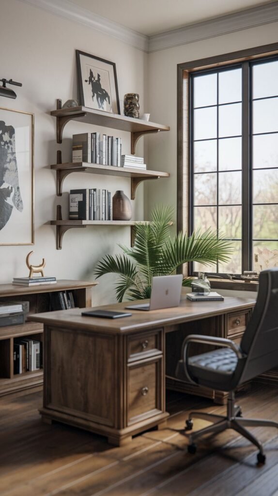 Modern Farmhouse Office featuring a warm brown wood desk with floating shelves above, placed near a tall, dark-framed window; includes a black leather rolling chair.