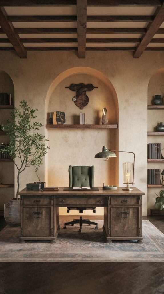 Modern Farmhouse Office in a Mediterranean rustic style, featuring earthy walls, exposed ceiling beams, a heavy dark wood desk, a dark green tufted chair, and an arched niche accent wall.