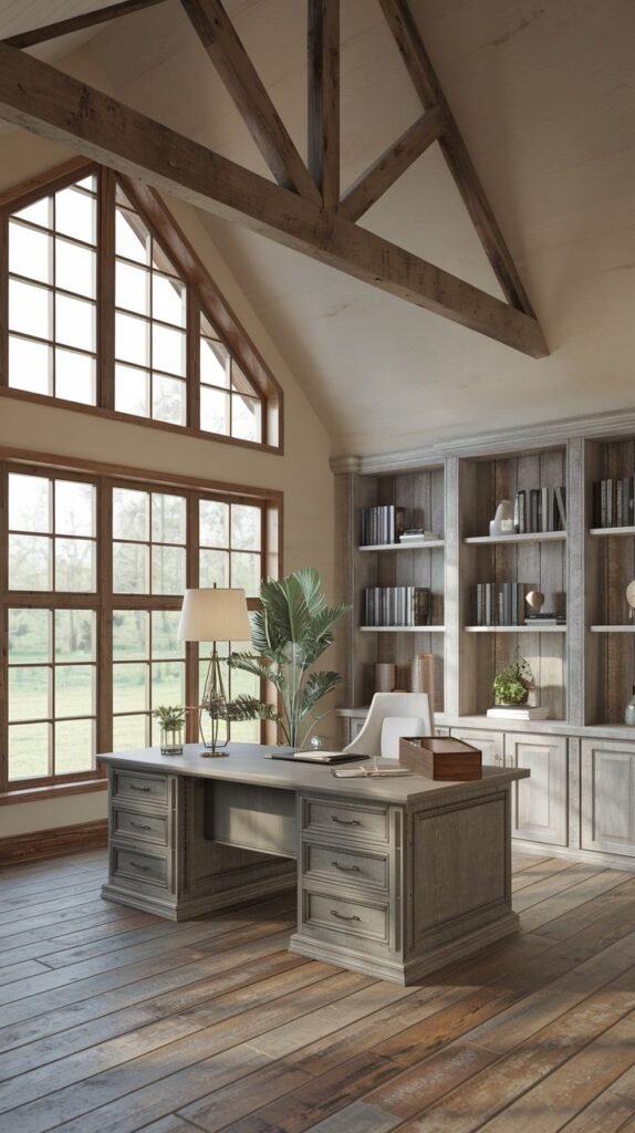 Bright Modern Farmhouse Office with a vaulted ceiling and light wood truss beams, a large window wall, and a gray wash double-pedestal desk positioned in front of floor-to-ceiling built-in shelving.