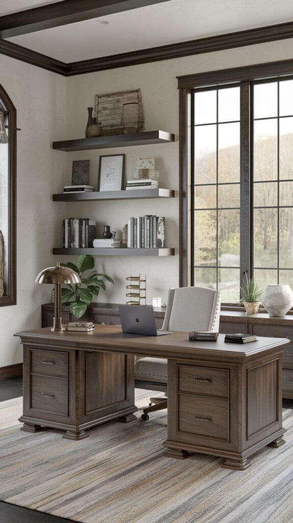 Modern Farmhouse Office featuring a large, dark wood executive desk on a striped rug, complemented by dark window trim and two wide, dark floating shelves displaying decor.