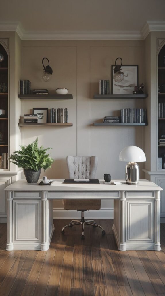 Elegant Modern Farmhouse Office centered on a large white, classic desk with decorative millwork, flanked by built-in bookcases and simple floating shelves with wall sconces.