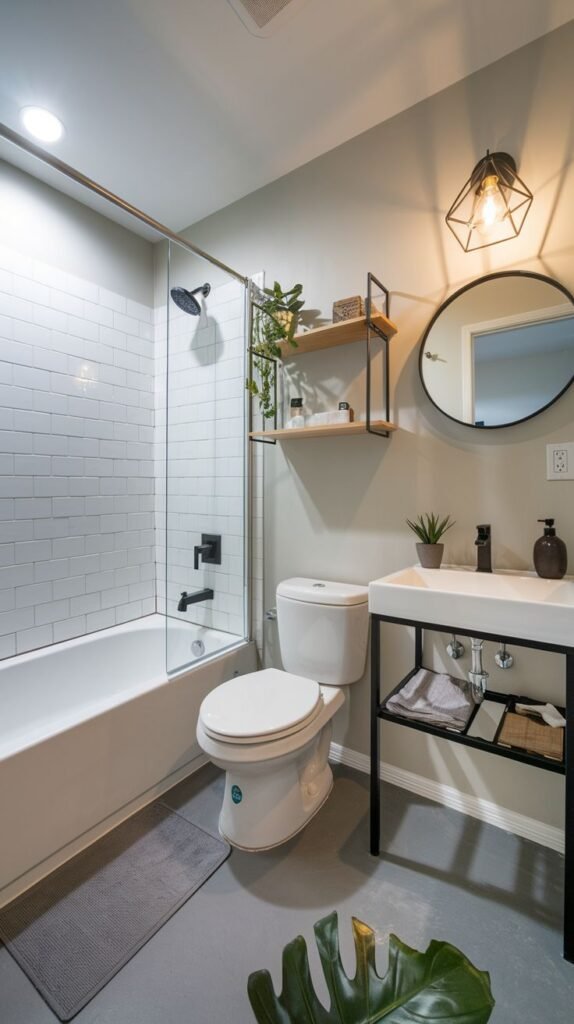 Industrial-style bathroom with white subway tile shower/tub, light gray walls, an open black metal frame vanity holding a white rectangular sink, a black round mirror, and wooden shelves above the white toilet.