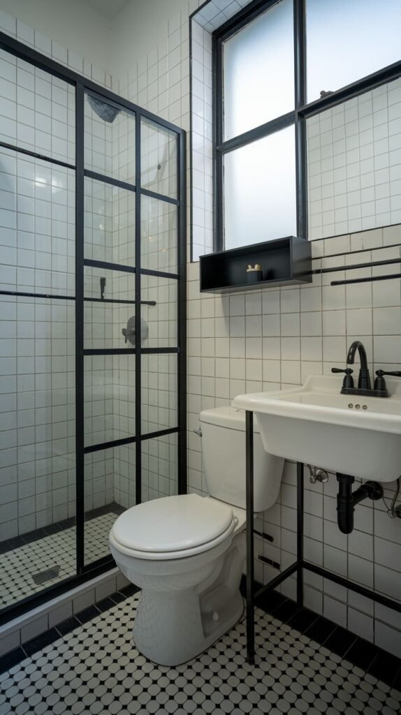 High-contrast industrial bathroom with white grid wall tiles, black and white floor tiles, a standard white toilet, a console sink with exposed black piping, and a black metal grid-framed glass shower enclosure.