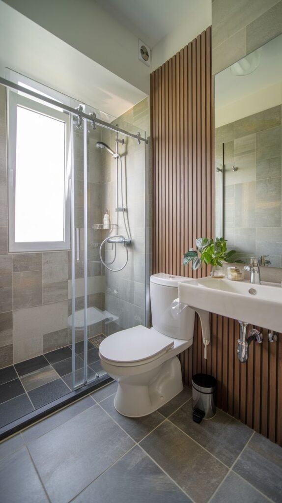 Contemporary small bathroom with gray stone-look tiles, a full-height vertical wooden slat accent wall behind the toilet and sink, a sliding glass shower door, and a white wall-mounted sink.