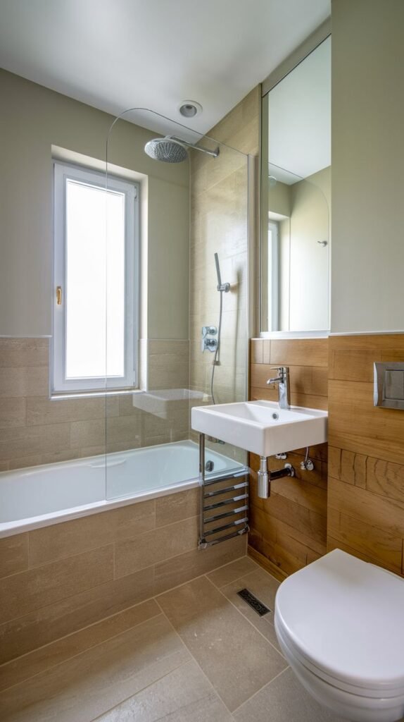 Neutral-toned bathroom featuring beige floor tiles and half-height natural wood paneling, a white tub with a curved fixed glass shower screen, a compact wall-mounted sink, a wall-mounted toilet, and a chrome heated towel rail.