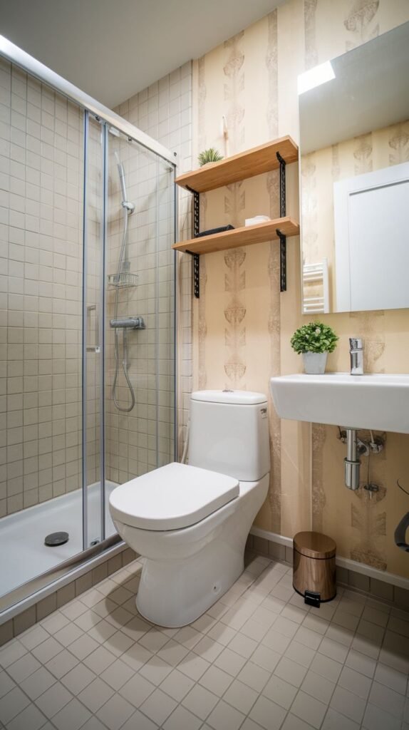 Bathroom with patterned wallpaper above beige square wall tiles, a standard white toilet, a white pedestal sink, wooden floating shelves with black brackets above the toilet, and a walk-in shower with a sliding glass door.