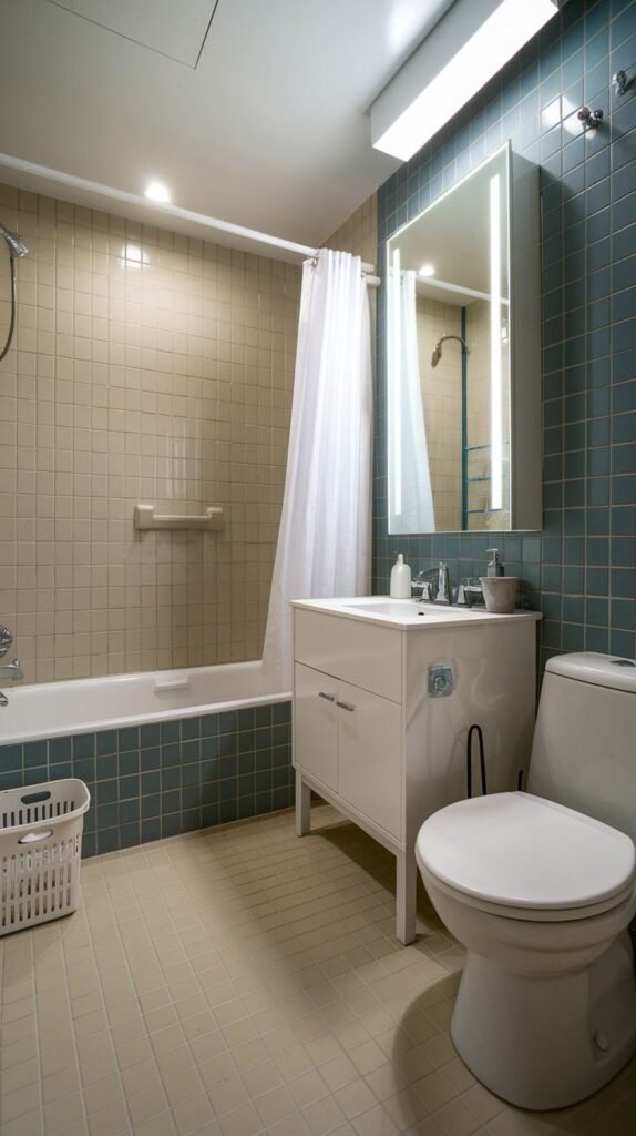 Retro-modern bathroom with two-tone square tiles: light beige tiles surrounding the tub and teal/dark blue tiles below and on the main wall, featuring a white tub/shower, a white vanity, a standard white toilet, and an illuminated mirrored medicine cabinet.