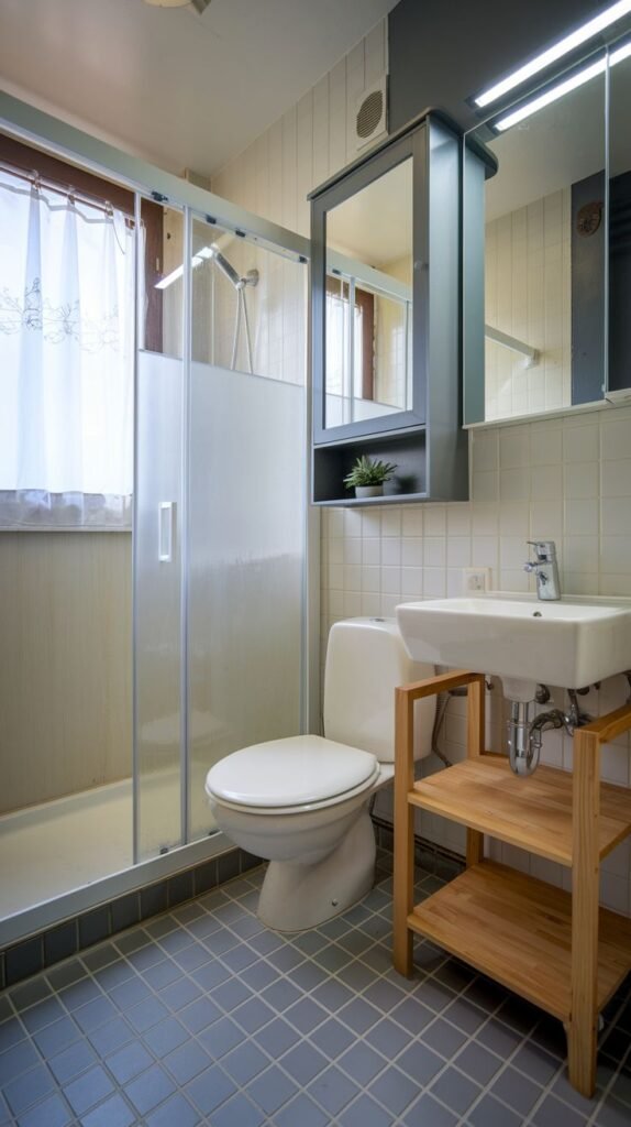Narrow bathroom optimized for storage, featuring a light gray tiled floor, a shower with a frosted sliding door, a standard white toilet, a compact sink, and a tall dark gray cabinet tower next to an open wooden shelving unit.