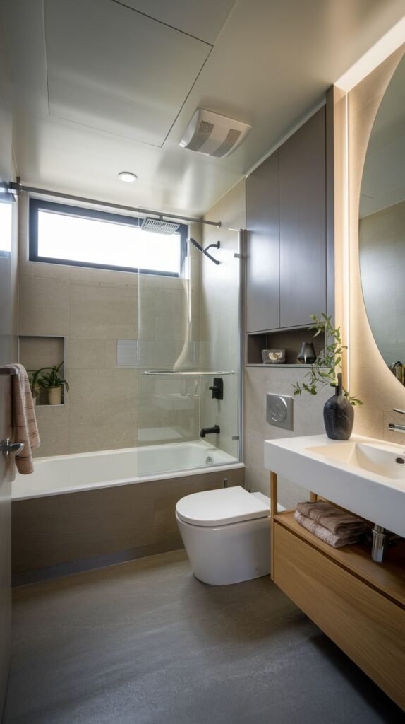 High-end modern bathroom with large beige tiles, a white tub/shower combination, recessed niches, a wall-hung toilet, a floating wood vanity base, a tall gray built-in storage cabinet, and a large backlit circular mirror.