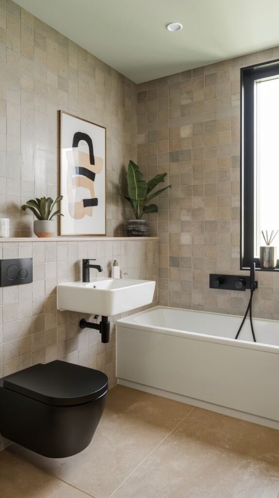 Minimalist bathroom with light beige square tiles, a white wall-hung sink, a black wall-hung toilet, a white bathtub, matte black fixtures, and a small shelf above the wall-hung elements displaying art and plants.