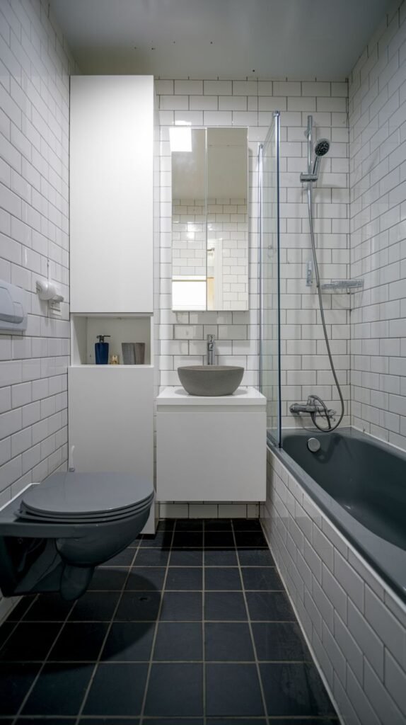 Extremely narrow bathroom with white subway tiles on the walls and black floor tiles, featuring a white pedestal sink, a gray vessel sink, a gray toilet lid, a tall white storage cabinet, and a dark gray bathtub interior.