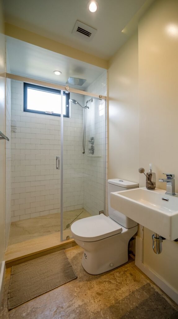 Warm-toned bathroom with light yellow/cream painted walls and natural stone-look floor tiles, featuring a walk-in shower enclosed by a clear glass sliding door, white subway tiles inside the shower, and a standard white toilet and wall-mounted sink.