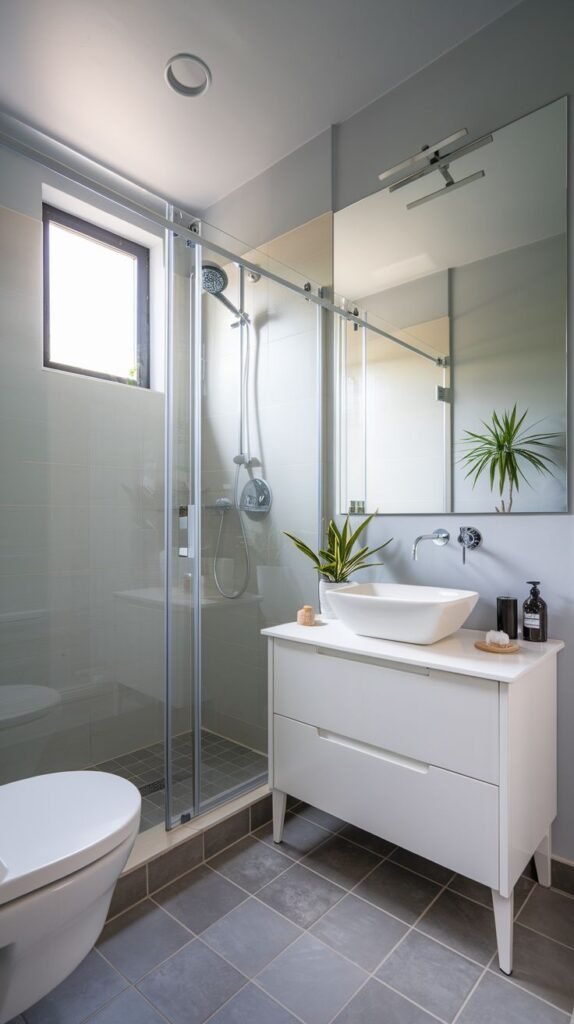 Contemporary bathroom with light gray tiled walls and dark gray square floor tiles, featuring a white vessel sink on a white cabinet vanity, a large frameless mirror, and a shower with a sliding glass door and an adjacent window.