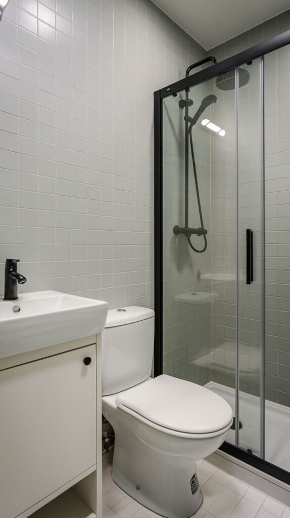 Cool-toned bathroom with pale blue-gray square grid tiles, a standard white toilet, a small white vanity with a black faucet, and a shower enclosed by a glass door with a prominent black frame.