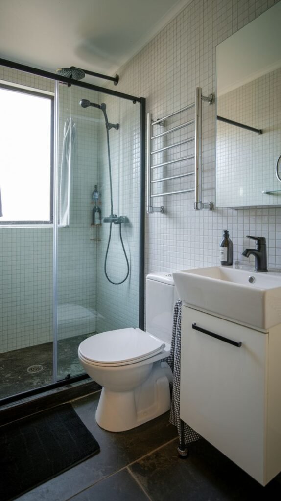 Modern bathroom with small white square mosaic wall tiles and a dark floor, featuring a standard white toilet, a white vanity, a chrome ladder towel warmer rack, and a walk-in shower enclosed by a black-framed glass door.