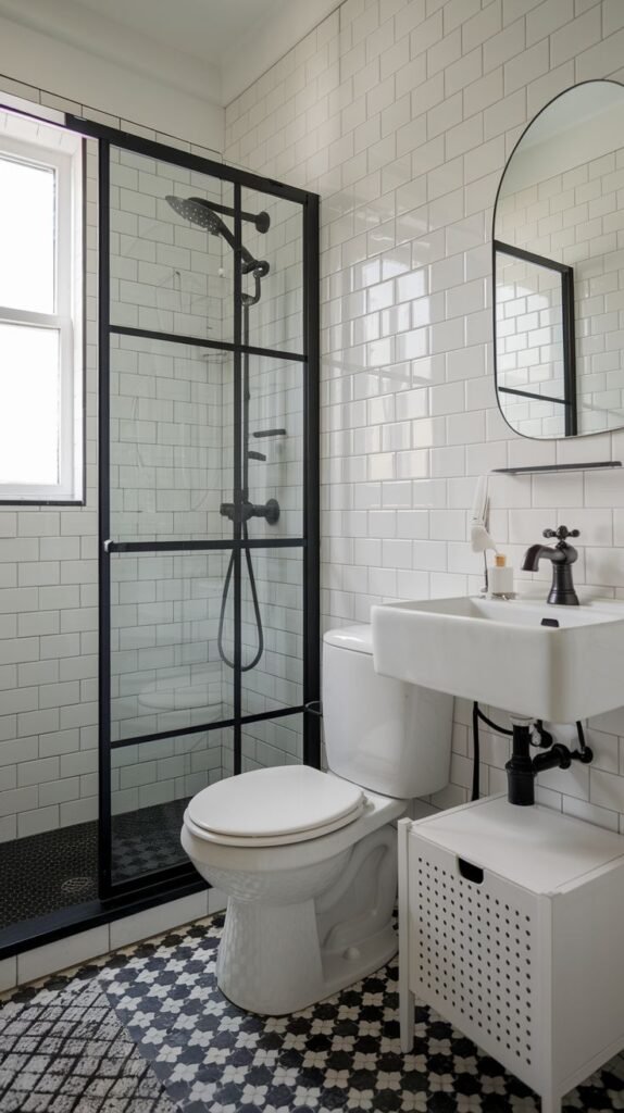 Black and white bathroom with white rectangular subway tiles on the walls, a decorative black and white patterned floor tile, a black metal grid-framed shower door, a standard white toilet, and a console sink with a perforated white storage bin beneath.