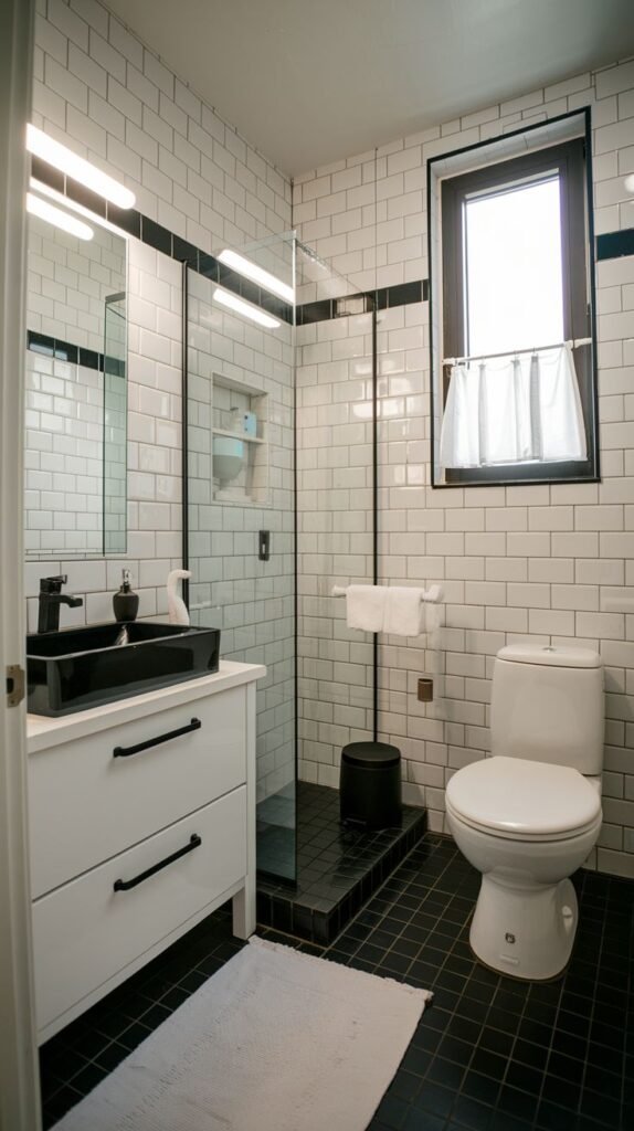 High-contrast black and white bathroom featuring white subway tiles, a black tiled floor, a prominent black horizontal accent stripe, a white vanity supporting a black rectangular vessel sink, and a glass-enclosed shower with a black base.