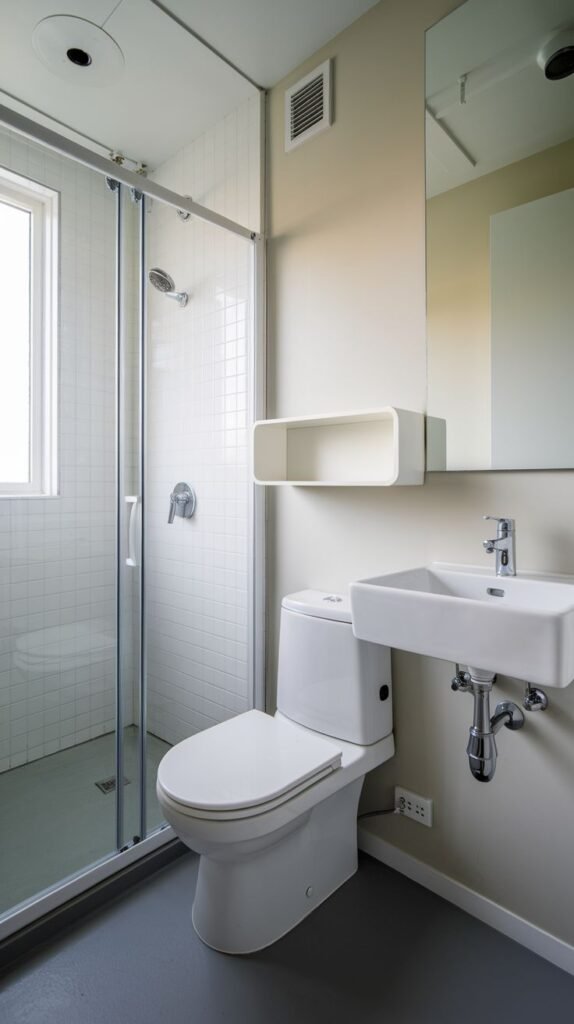 Minimalist, light-toned bathroom with light gray walls and a dark gray floor, featuring a white square wall-mounted sink, a standard white toilet, a curved white wall shelf, and a walk-in shower with a clear sliding glass door and white grid tile interior.