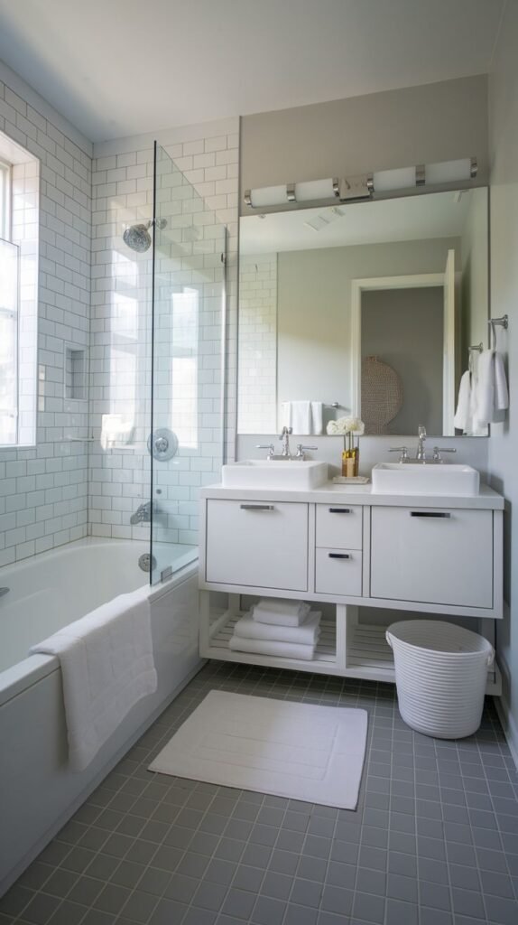 Small full bathroom with white subway tile on the shower wall, gray square floor tiles, a white double floating vanity with open shelving below, a wide mirror, a white bathtub, and a glass partition separating the tub area.