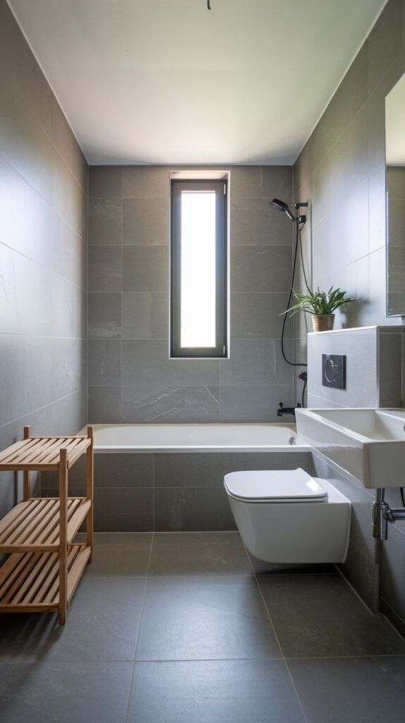 Monolithic gray bathroom with large-format tiles on walls and floor, featuring a wall-hung toilet, a wall-mounted sink, a white bathtub beneath a narrow window, and a wooden open shelving unit next to the tub.