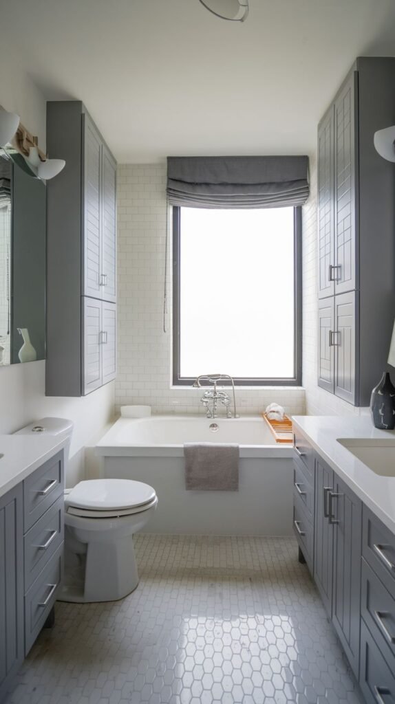 Symmetrical narrow bathroom with white hexagonal floor tiles, white subway tile wall behind the tub, a large window, a standard toilet, and extensive gray shaker-style built-in storage cabinets lining both side walls.