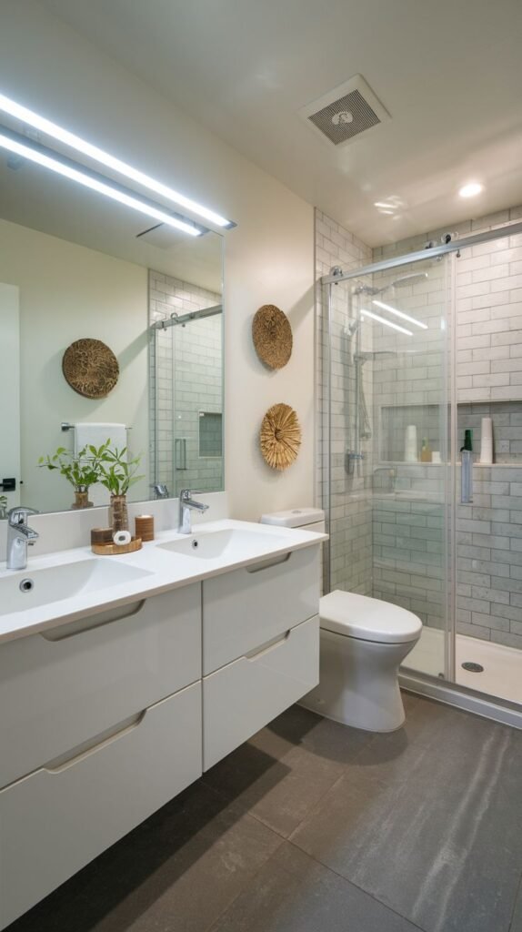 Modern bathroom with a white double floating vanity, dark gray floor tiles, light gray subway tile shower surround with recessed niches, and a sliding glass shower door.
