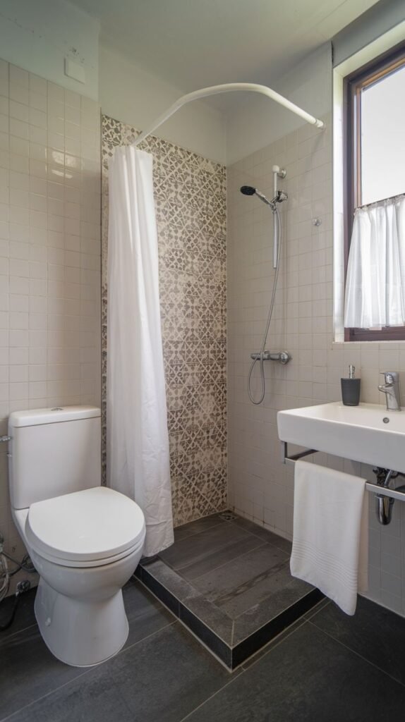 Small full bathroom with light beige square wall tiles and a dark gray floor, featuring a standard white toilet and wall-mounted sink, and a walk-in shower with a contrasting decorative patterned mosaic accent wall and a dark raised base.