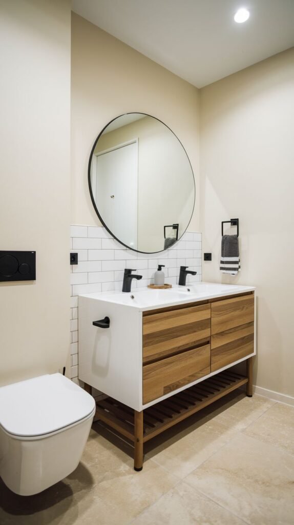 Mid-Century Modern double vanity bathroom with beige floor tiles, white subway tile backsplash, a double sink vanity unit with white drawers and natural wood drawers on an open wood base, a wall-mounted white toilet, and a black-framed circular mirror.