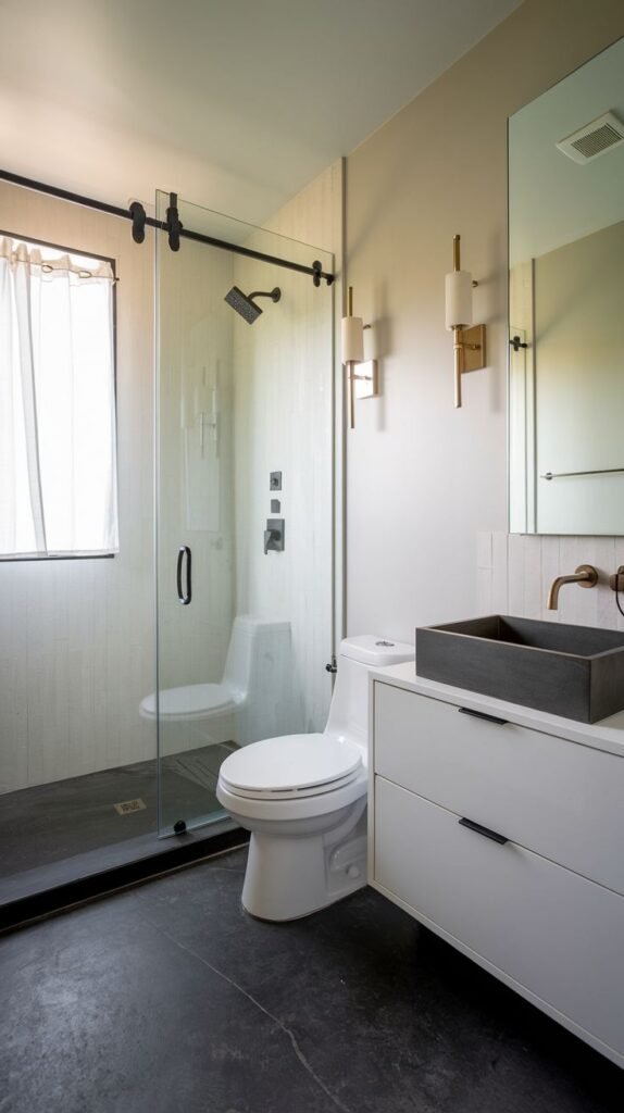 Contemporary bathroom with dark gray polished floor, light walls, a white vanity with a dark gray square vessel sink, a standard white toilet, a black-framed sliding glass shower door, and modern vertical sconces.