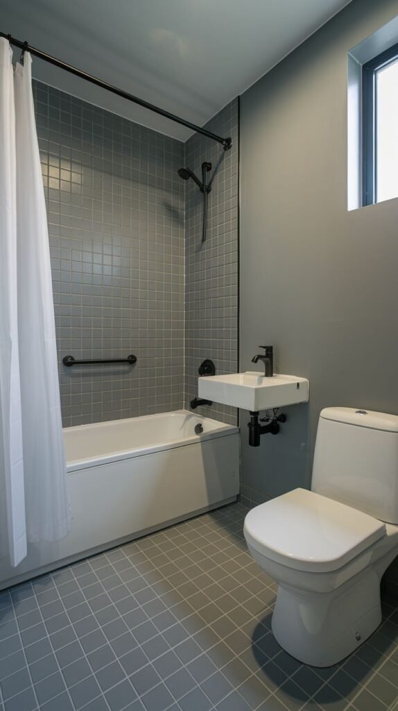 Monochrome gray bathroom with light gray square wall tiles surrounding the tub, gray painted upper walls, a white tub/shower combination, a small wall-mounted sink, a standard toilet, and matte black shower hardware and curtain rod.