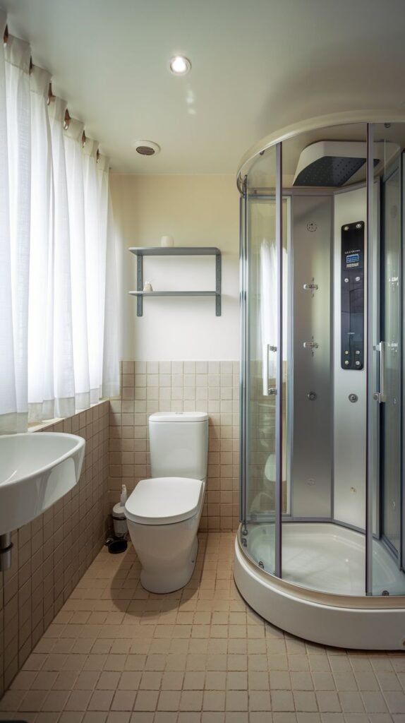 Small warm-toned bathroom with light beige square tiles, a white toilet, a wall-mounted sink, a prominent white-framed window with white curtains, and a rounded, corner glass shower cabin system.