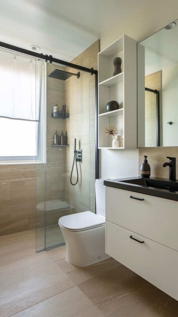 Spa-inspired bathroom with large beige stone tiles, a wall-hung toilet, a floating vanity with wooden drawers, a large round backlit mirror, a tub/shower combination, and a white storage tower with open shelving next to the sink.