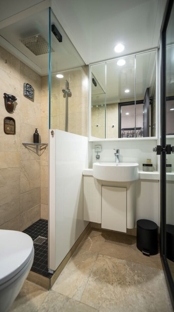 Small modern bathroom featuring beige stone tiles, a shower stall separated by a partial white partition wall, black shower base, white sink unit with a mirrored medicine cabinet above, and a white toilet bowl visible in the foreground.