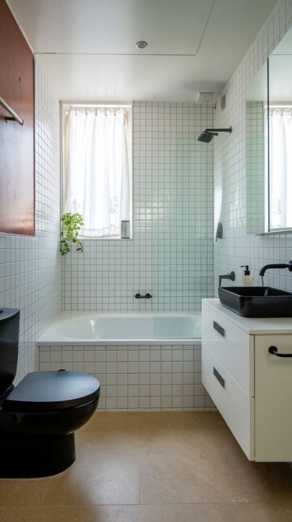 Narrow, high-contrast bathroom with white grid tiles, a white bathtub, a black toilet, a white floating vanity with a black vessel sink, and a vertical reddish-brown wood accent panel next to the toilet.
