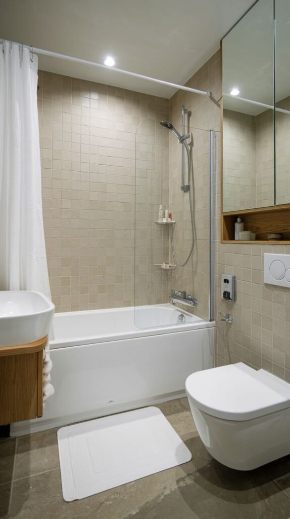 Beige-tiled bathroom with a white tub/shower combination, a wall-mounted toilet, a mirrored medicine cabinet, a recessed wooden shelf niche, and a small wooden sink base.