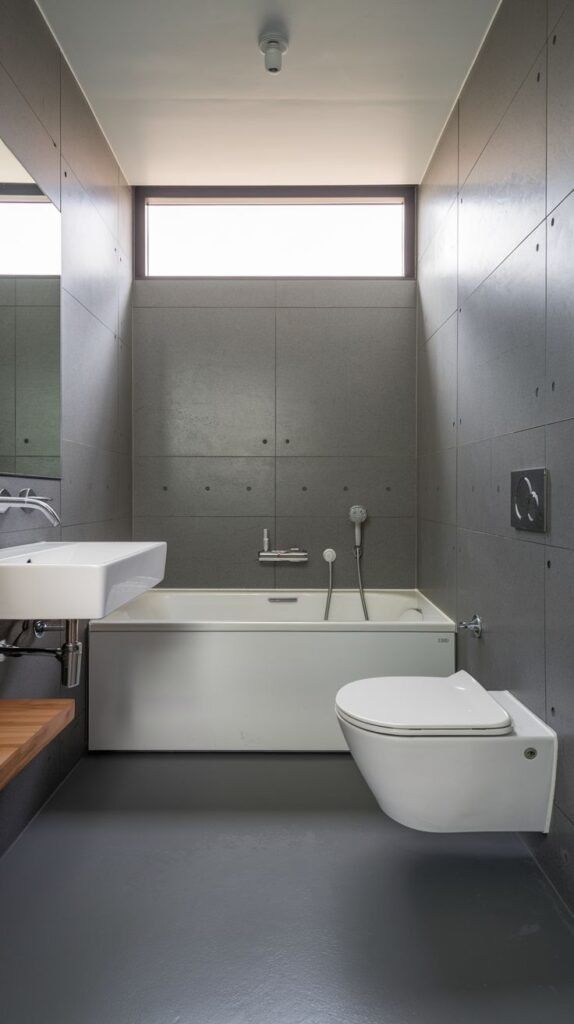 Dramatic minimalist bathroom with large dark gray wall panels and a dark floor, featuring a white drop-in tub, a white wall-hung sink, a white wall-hung toilet, and a narrow horizontal window high on the wall.