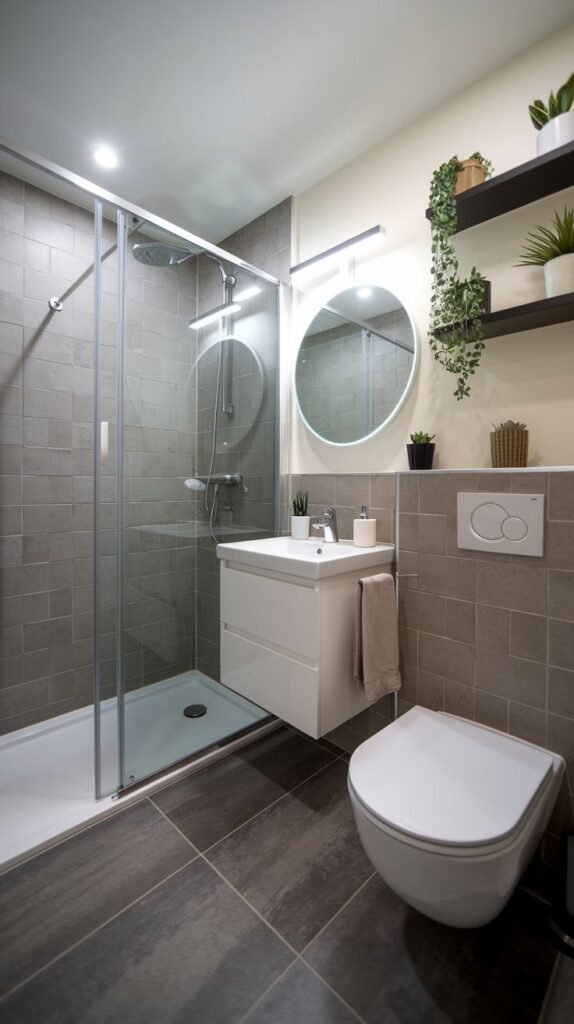 Modern bathroom featuring gray square wall tiles and dark floor tiles, a white wall-hung toilet, a white floating vanity, an illuminated circular mirror, and dark floating shelves with plants above the toilet.