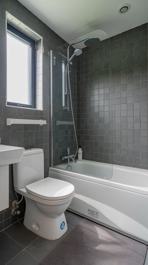 Small bathroom with dark charcoal square tiles covering all surfaces, a white toilet, a white tub/shower combination separated by a small glass screen, and a large vertical window providing natural light.