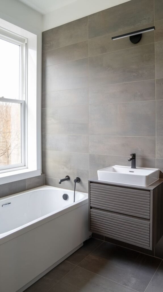 Modern bathroom with large horizontally laid taupe-gray tiles, a white bathtub beneath a large window, a wall-hung vanity with ribbed drawers, a white vessel sink, and matte black wall-mounted fixtures.