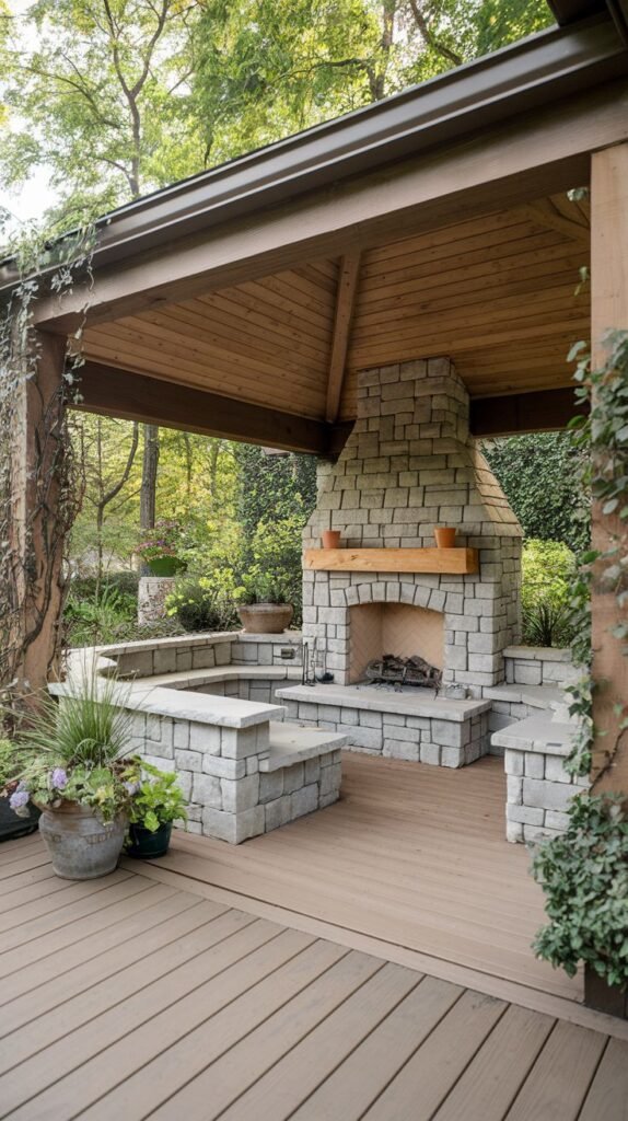 A covered patio on a wooden deck with a wood plank ceiling. A light gray stone fireplace with a rustic wood mantel is centered between built-in stone bench seating and planters. Vines climb the wooden posts of the structure.