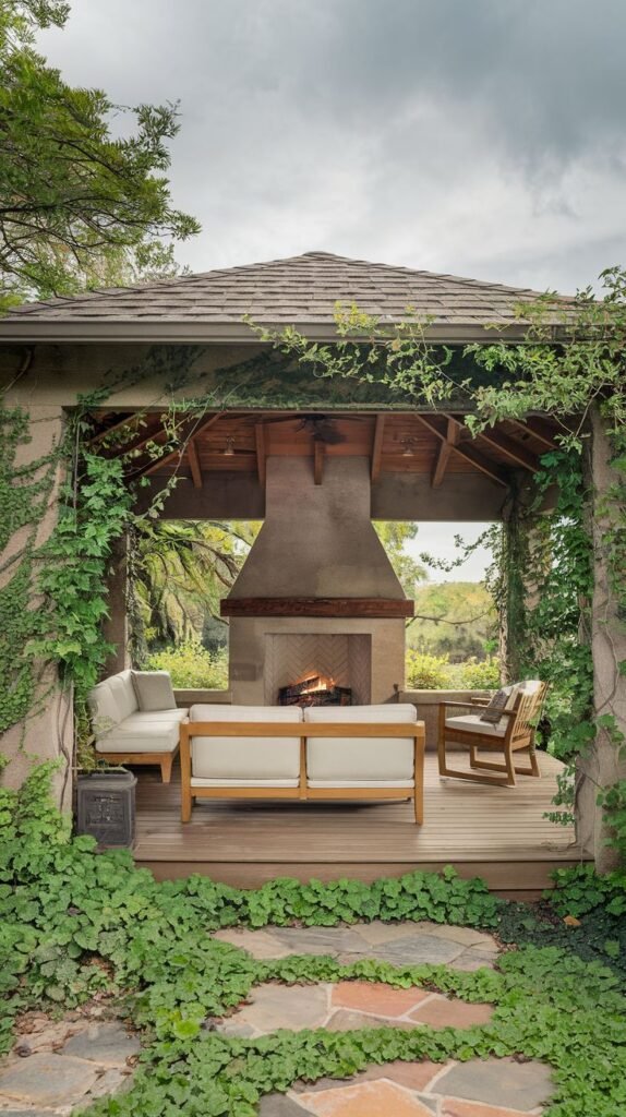 A cozy, covered gazebo structure with a wooden deck floor. The exterior stucco walls are heavily covered in ivy and vines. A smooth, earthen-toned fireplace anchors the space, facing a light-colored sofa and chair.