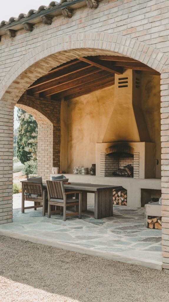 A covered loggia defined by light brick archways. The interior features a stucco wall and a fireplace built with a brick arch and hood. A wooden dining table and chairs sit on mixed flagstone and concrete flooring. Firewood is neatly stacked beside the hearth.
