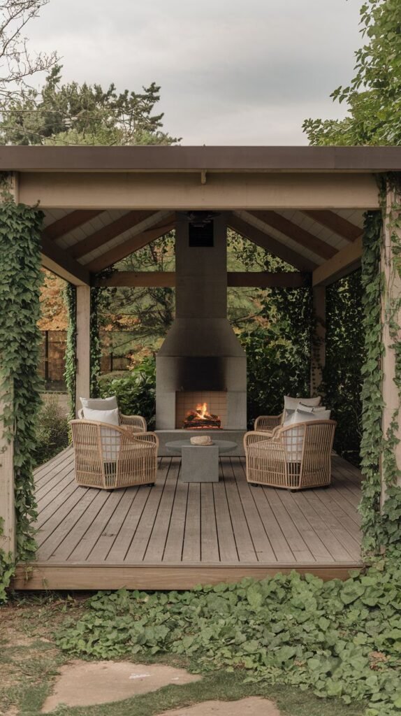 A simple covered arbor structure set on a wooden deck. A tall, smooth concrete chimney stack rises through the center. Two light wicker/woven chairs with white cushions flank a small concrete table.