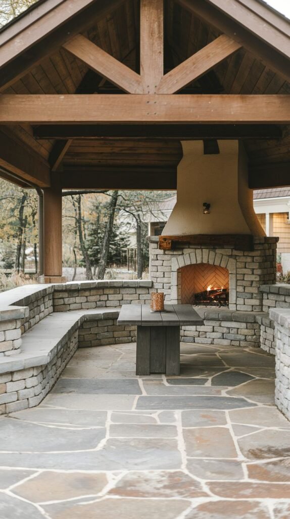 A covered pavilion showcasing heavy timber trusses and large, irregular flagstone pavers. The stone fireplace features a stucco hood. Curved, low stone walls frame the patio, with a dark wooden table in the center.