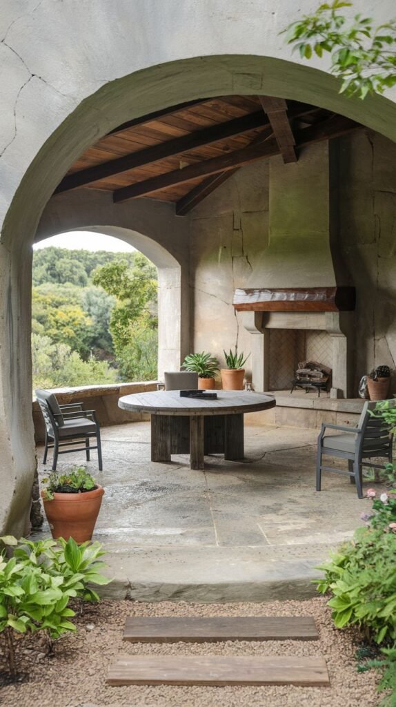 A covered patio featuring a wide stucco arch opening to a natural landscape. The rustic fireplace has textured stucco walls and a wood plank ceiling. A round, wooden pedestal table sits on the stone floor, surrounded by dark metal chairs.