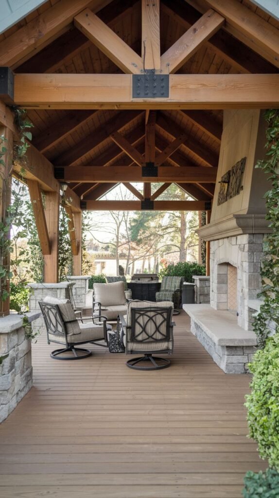 A timber-framed pavilion on a wide wooden deck. A stacked stone fireplace features a long, smooth stone hearth extension and a light stucco chimney hood with decorative metalwork. Four dark metal swivel chairs are arranged on the deck.