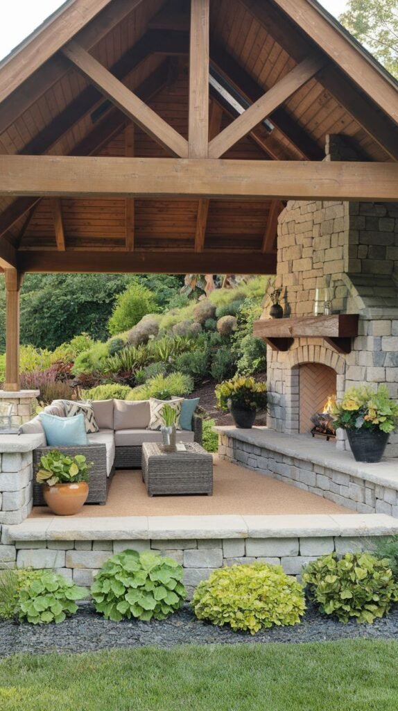 A rustic pavilion with exposed timber framing, set on a raised stone terrace. A stacked stone fireplace with a wood mantel faces a wicker sectional sofa. The floor surface is a light, woven outdoor rug atop stone.